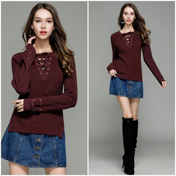 Wine Red Lace Up Knit Sweater - Picture 2 of 3