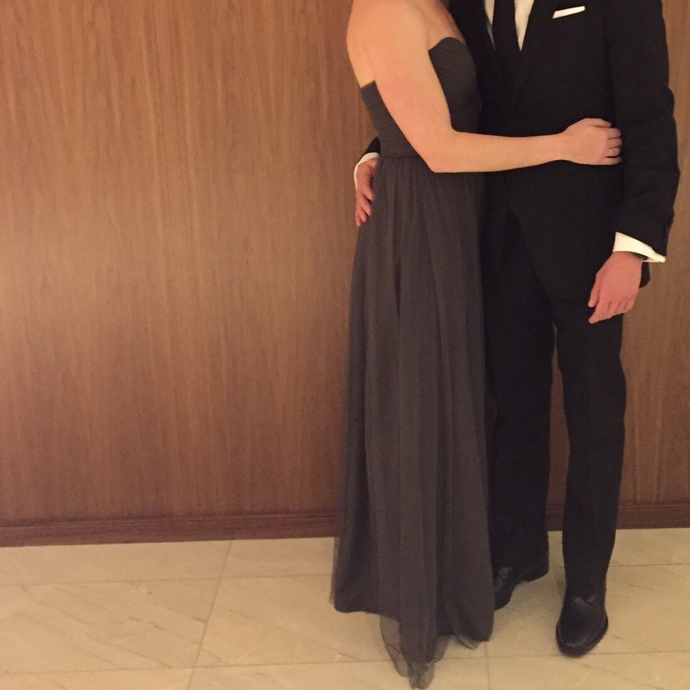 Amsale strapless bridesmaids dress in charcoal
