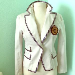 Light tan blazer with navy stripe detail