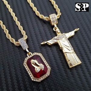 Jesus Body Cross & Praying Hands Ruby Necklace set