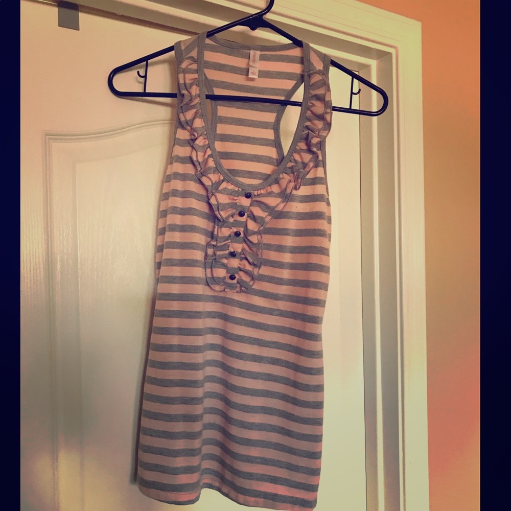Pink and grey striped with ruffles tank top