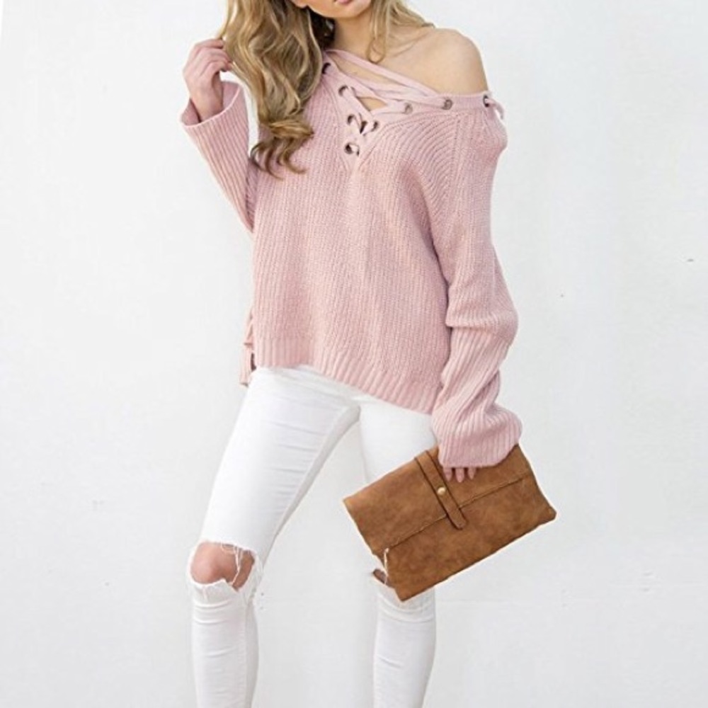 Lace Up Deep V Front Chunky Knit Sweater Blush - Picture 4 of 8