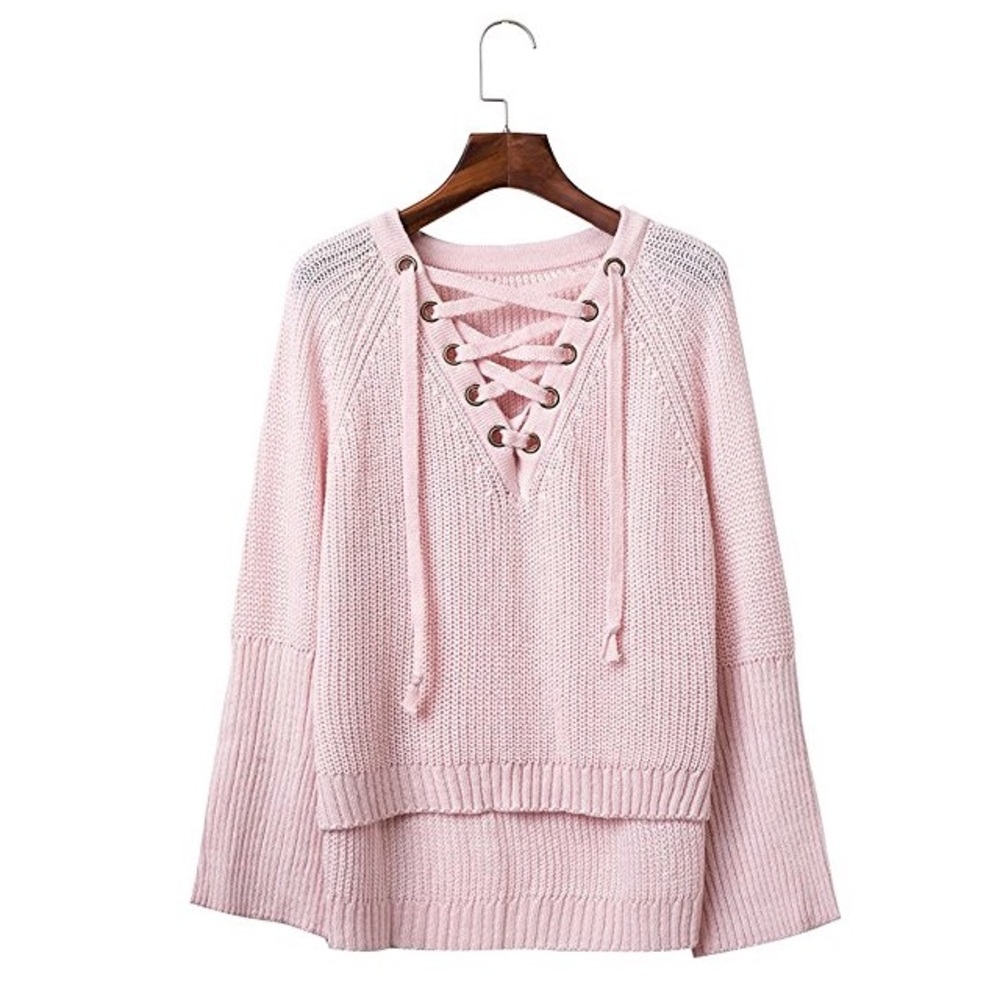 Lace Up Deep V Front Chunky Knit Sweater Blush - Picture 7 of 8