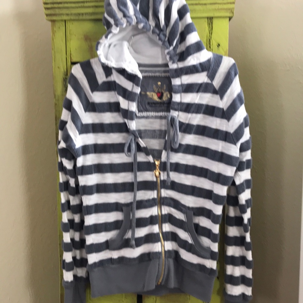 Twisted Heart gray/wt stripe hood zip sweatshirt