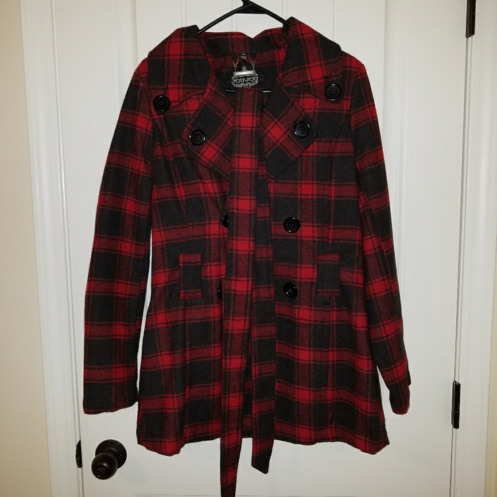 Black and red plaid peacoat