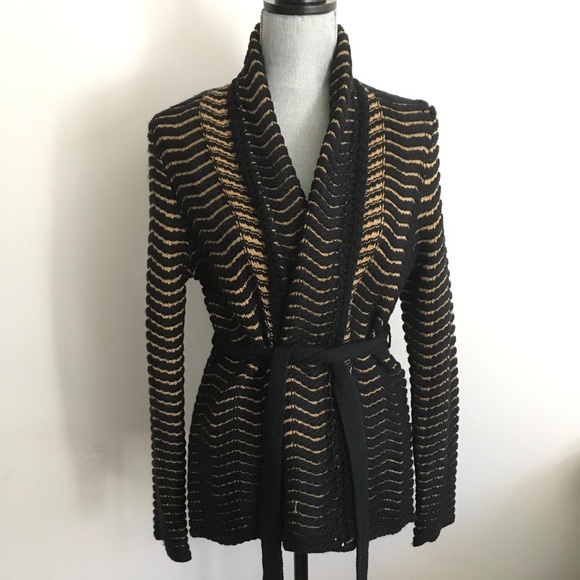 Freeway Sweaters - NWT Freeway Knit Striped Wrap Cardigan Black Tan