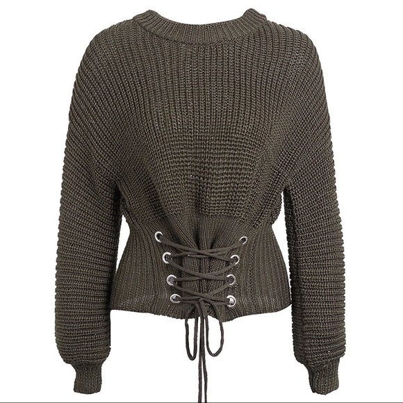 ‘Ellison’ Olive Green Corset Knit Sweater - Picture 2 of 5