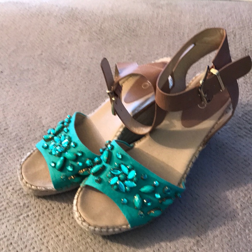 Turquoise wedge ankle strap sandals