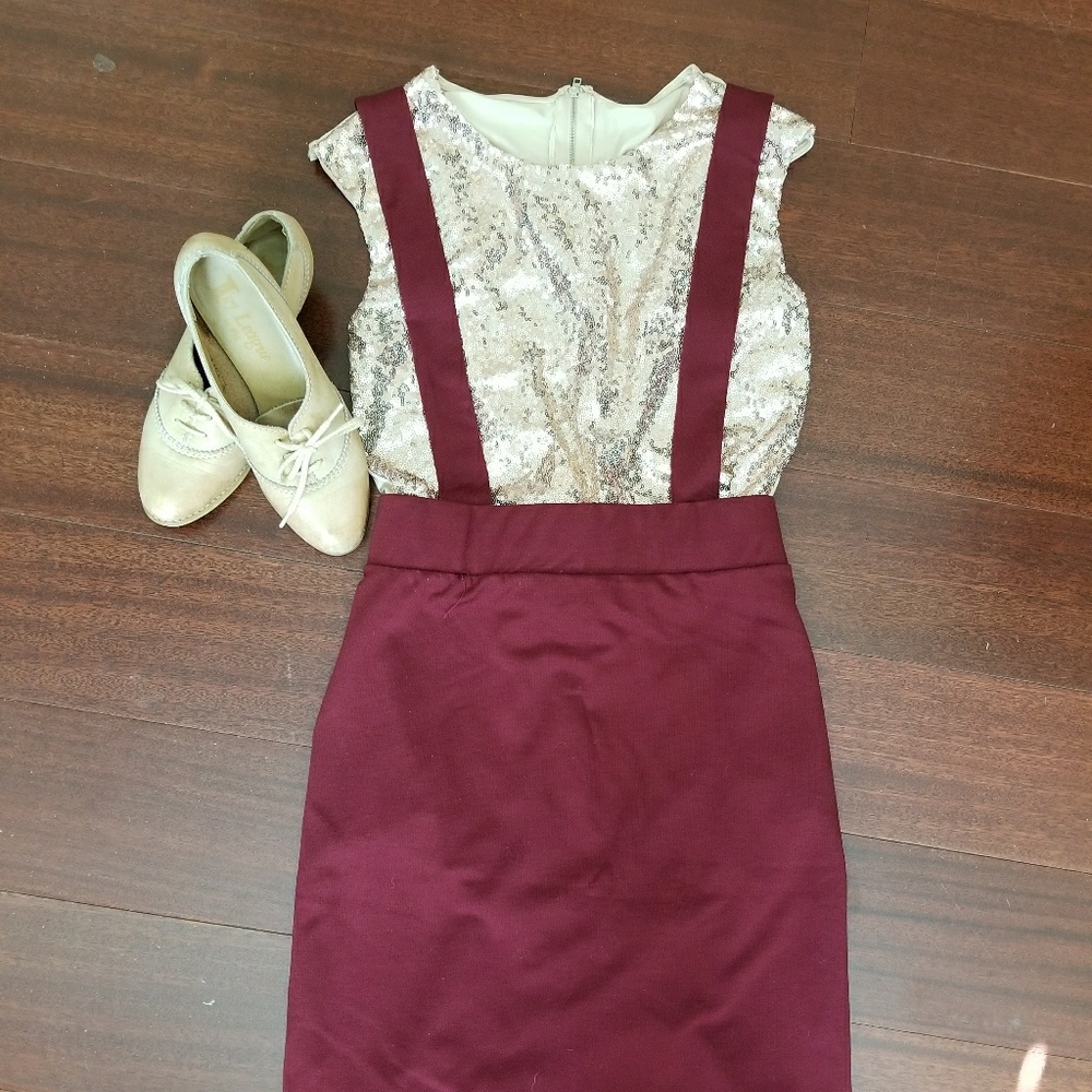 SOLD:Merlot pencil skirt with attached suspenders