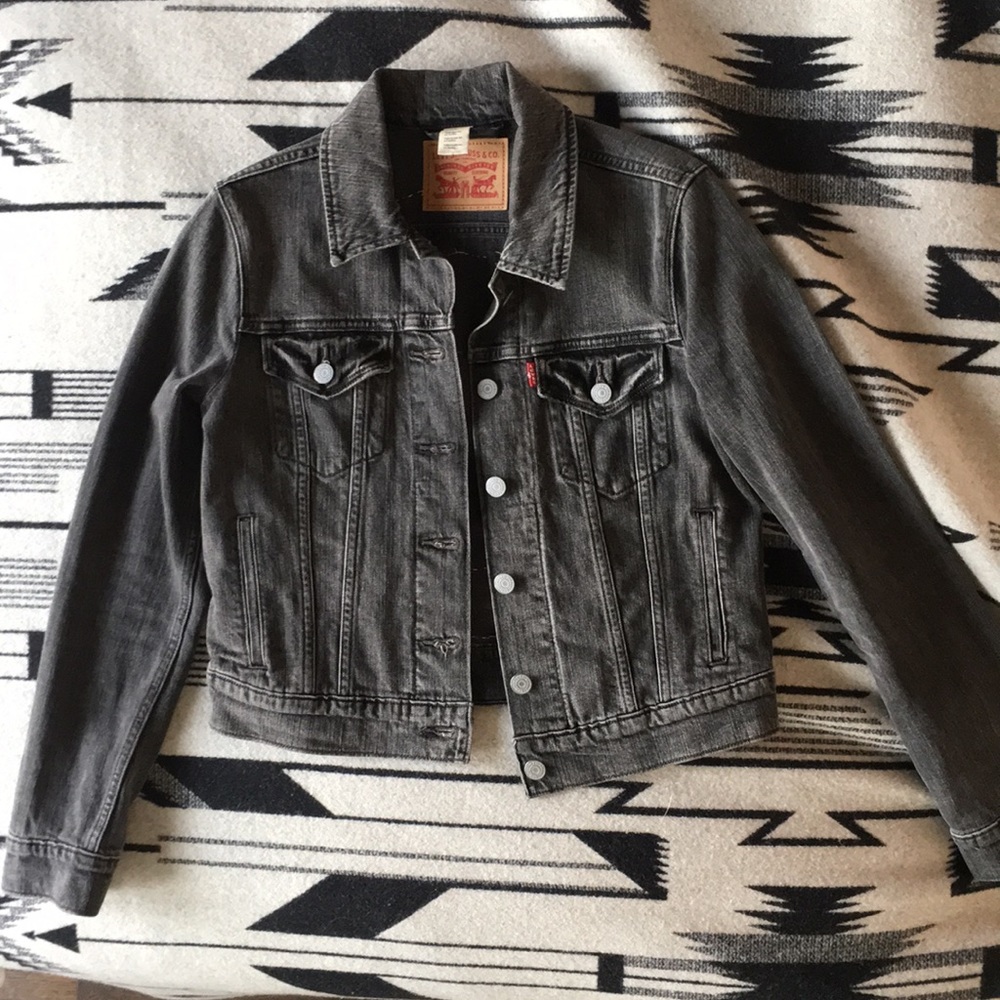 Levi’s faded black denim jacket with custom rocker