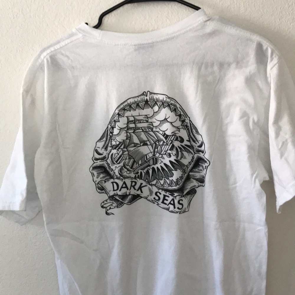 Dark seas shark mouth ship t-shirt