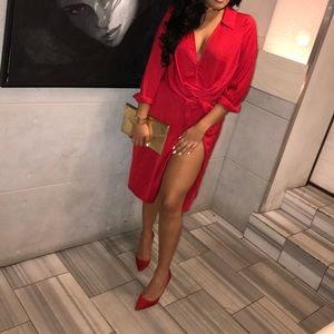 Red Silk Midi Dress with Slit