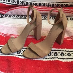 Tan Faux Suede Tall Block Heels
