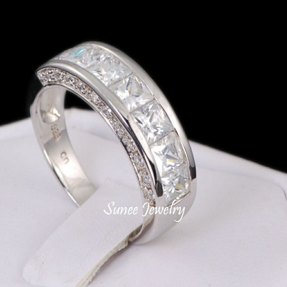 NEW STERLING SILVER HIS HERS PRINCESS DIAMOND WEDDING RINGS ENGAGEMENT RINGS - Picture 2 of 4