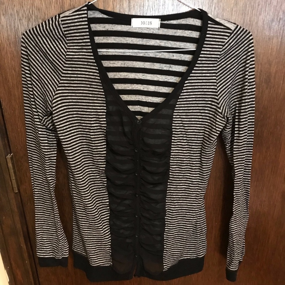 Striped Cardigan with Ruched Sheer Panel