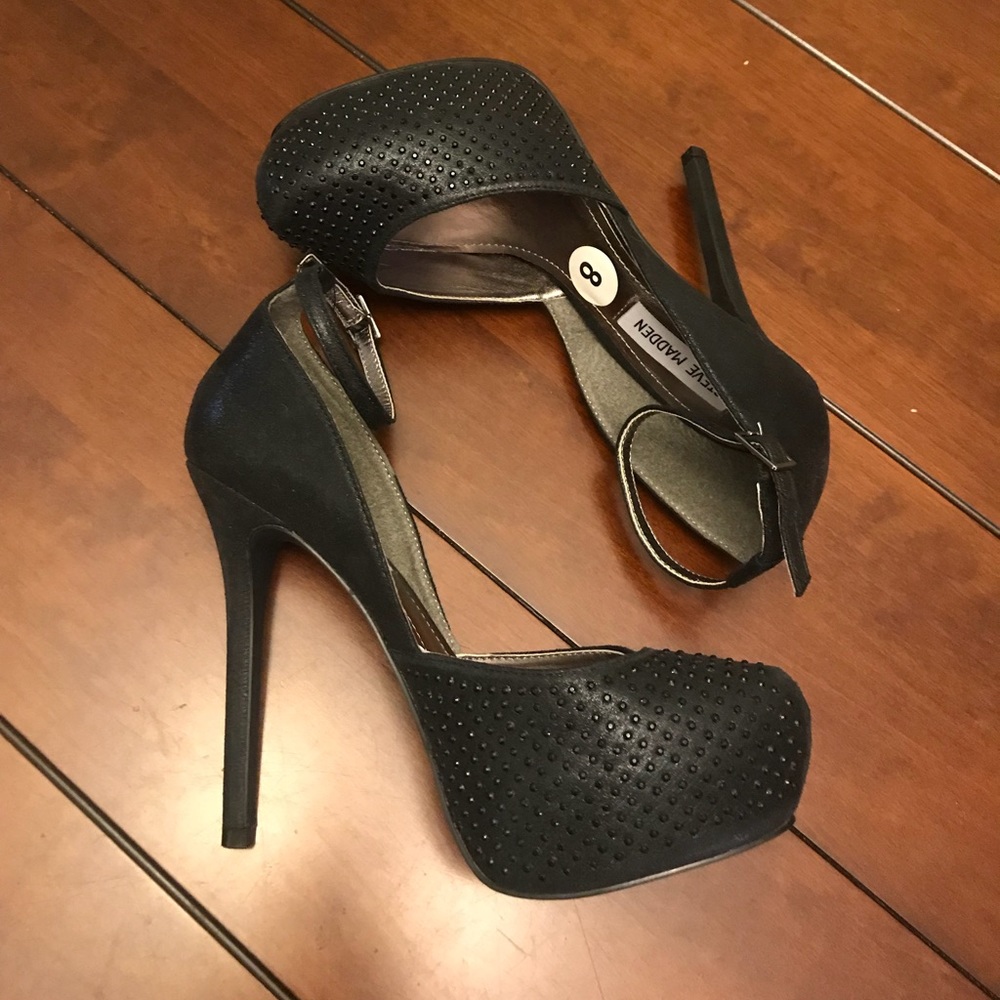 Black platform heels with crystal detail