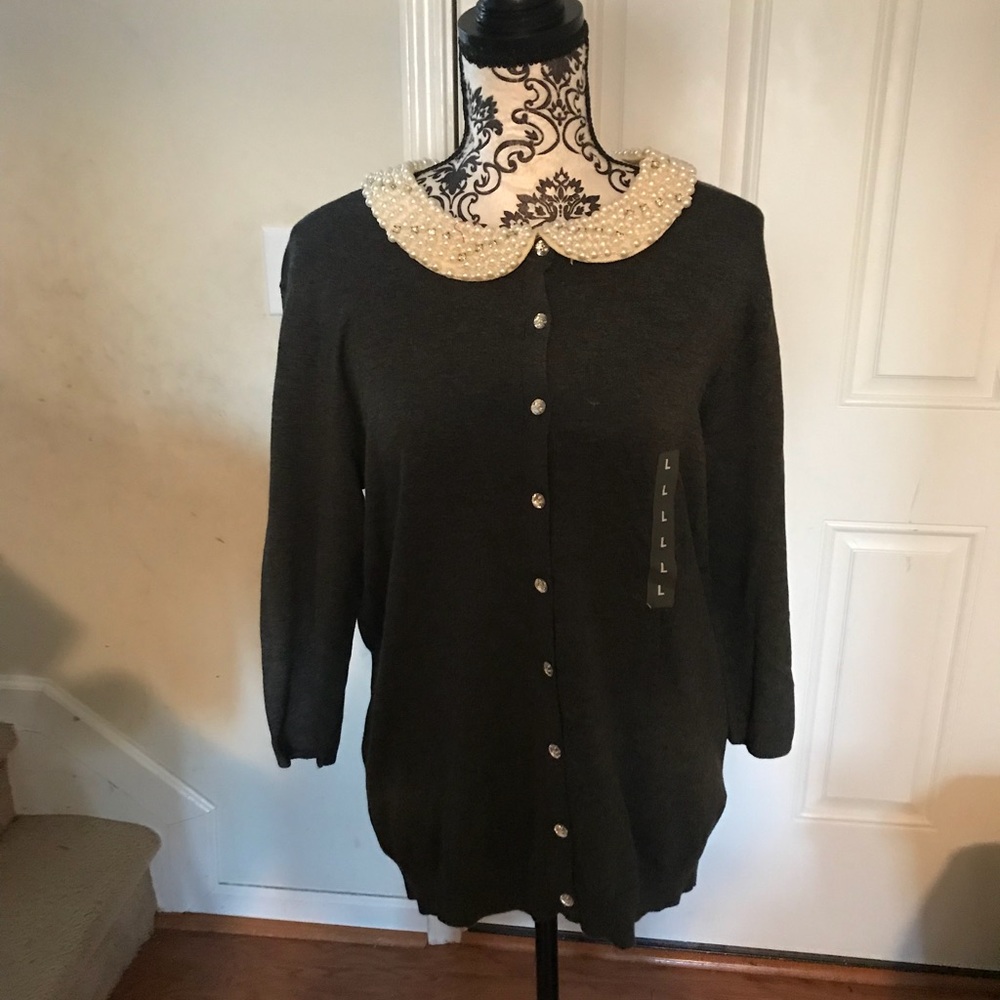 Charcoal Cardigan with Removable Pearl Bib