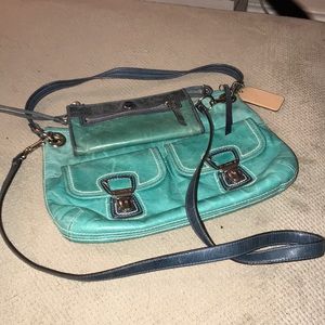Coach distressed turquoise crossbody bag & wallet
