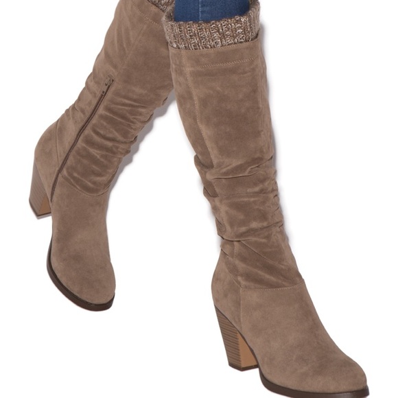 Shoes - Faux suede tall taupe beige winter boots with heel