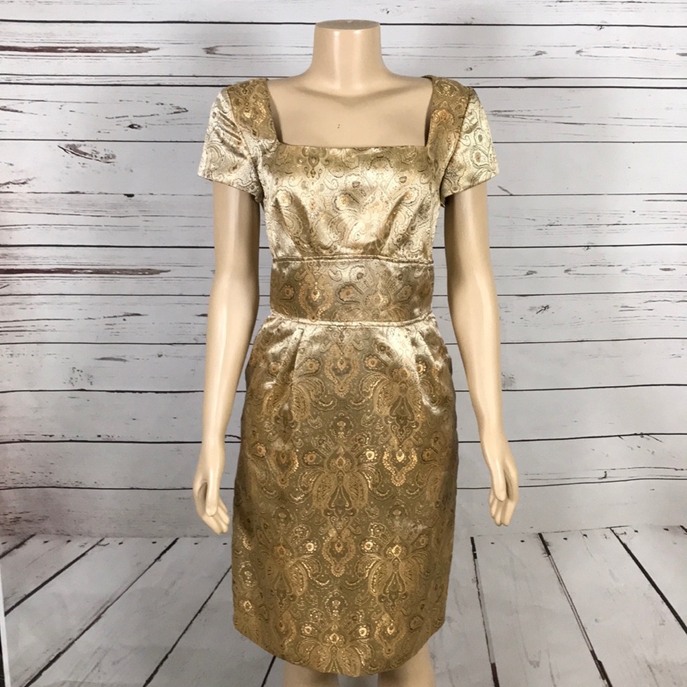 Bahari gold tapestry fitted dress pockets sz 8