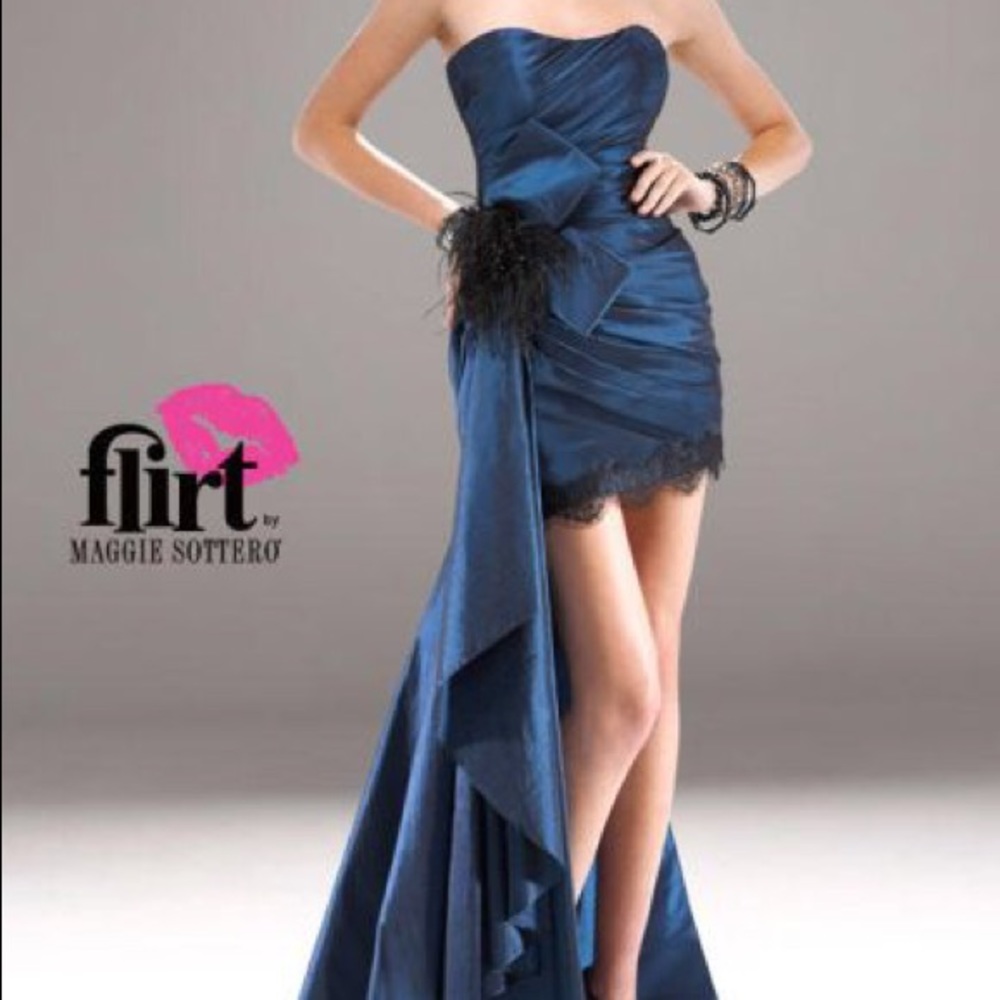 Flirt by Maggie Sottero peacock blue cocktail gown