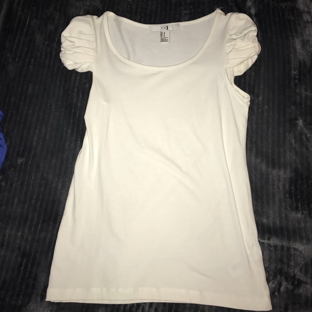 Cream top with gathered sleeve