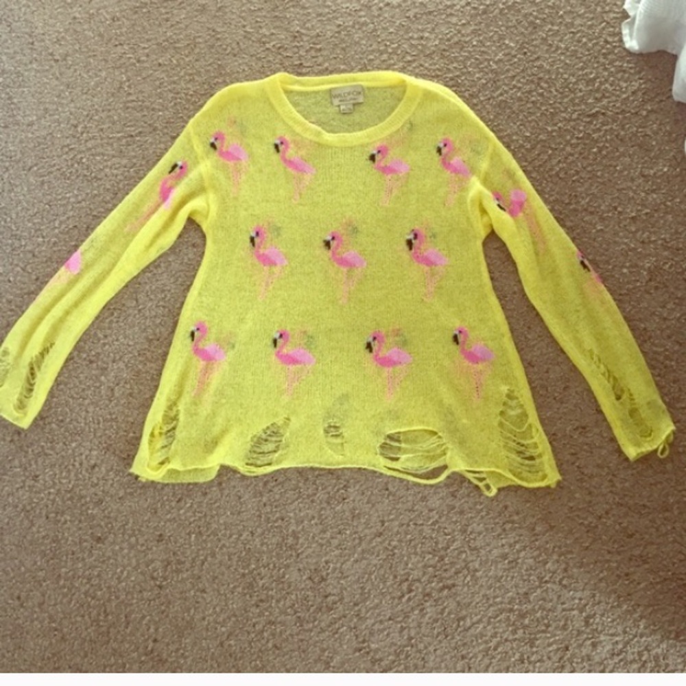 WILDFOX YELLOW PINK FLAMINGO SWEATER