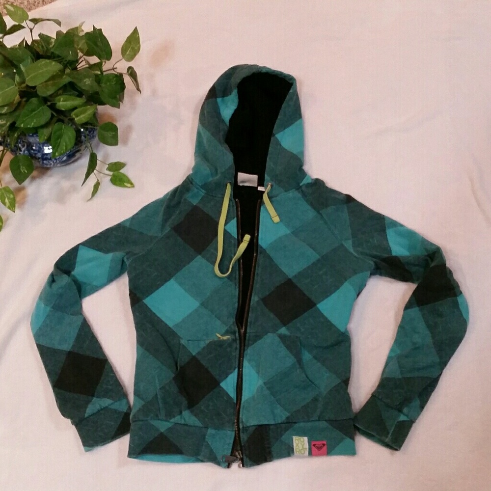 Roxy Blue & Black Plaid Zip Up Hoodie Sweatshirt