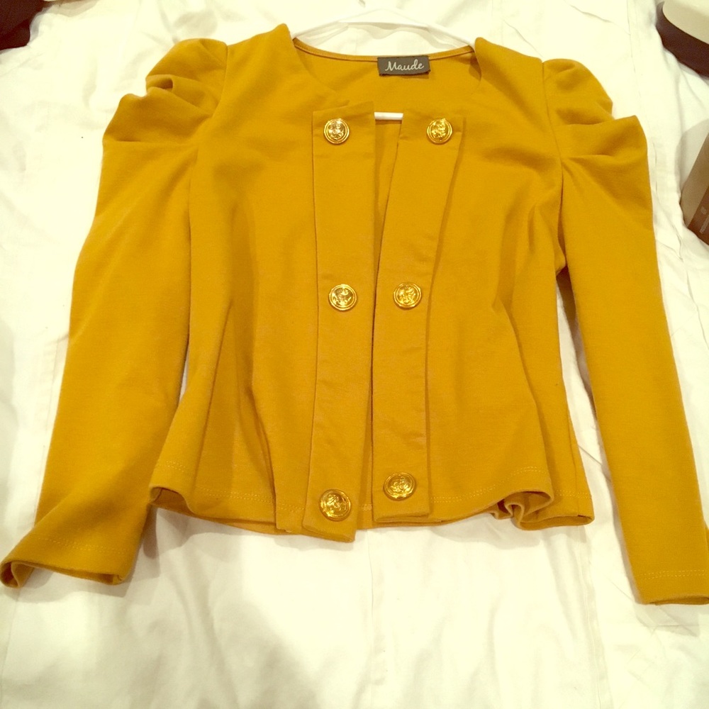 Mustard blazer with ruched shoulders, gold buttons
