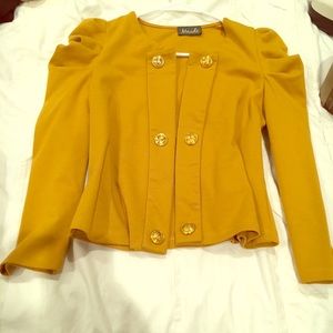 Mustard blazer with ruched shoulders, gold buttons