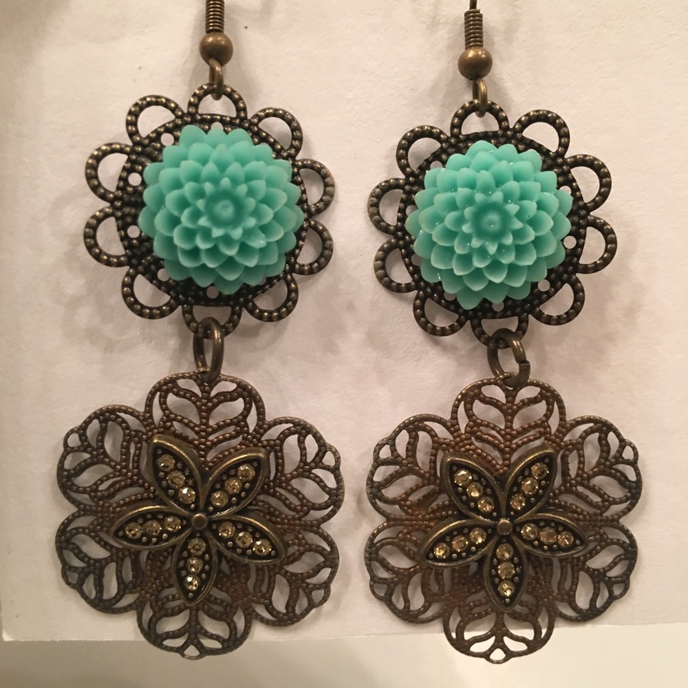 Teal and bronze flower dangle earrings