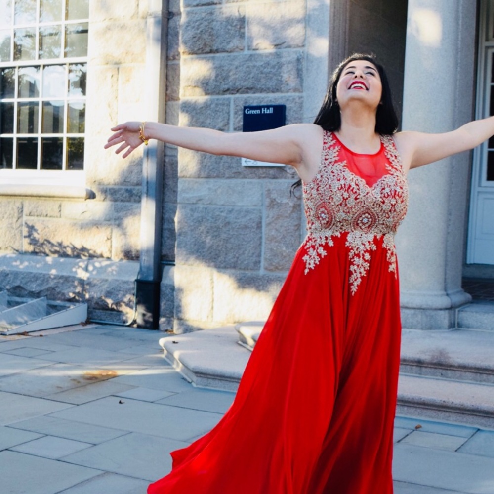 Formal Red, Floor Length Gown with Gold detailing