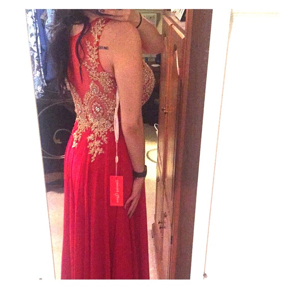 Formal Red, Floor Length Gown with Gold detailing - Picture 4 of 8