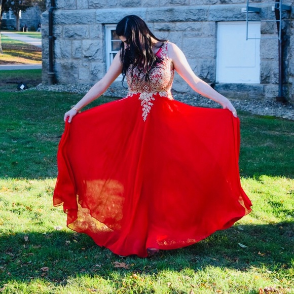 Formal Red, Floor Length Gown with Gold detailing - Picture 8 of 8