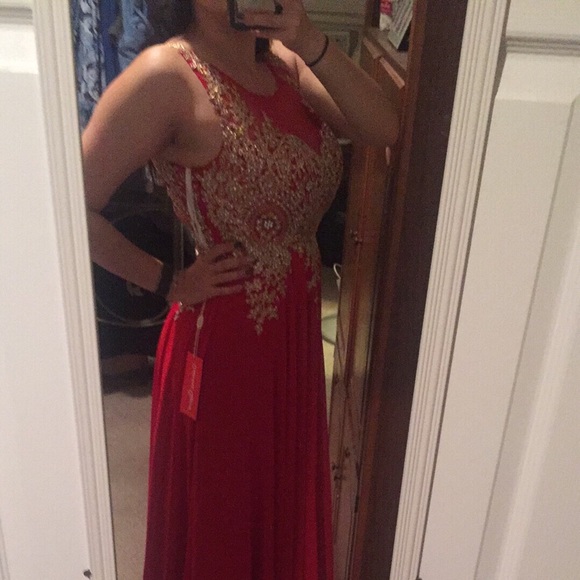 Formal Red, Floor Length Gown with Gold detailing - Picture 6 of 8