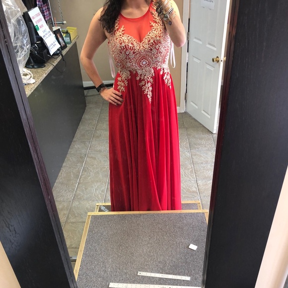 Formal Red, Floor Length Gown with Gold detailing - Picture 3 of 8