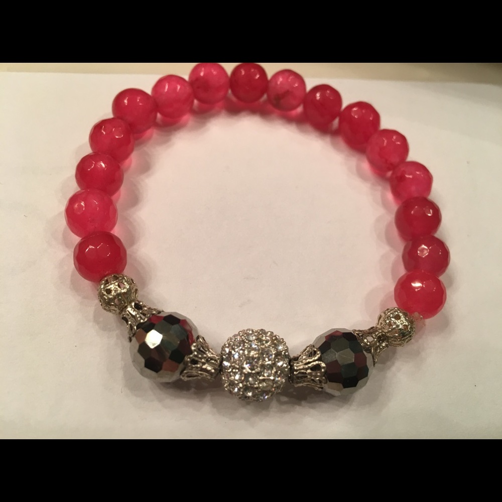 Hot pink and silver beaded bracelet