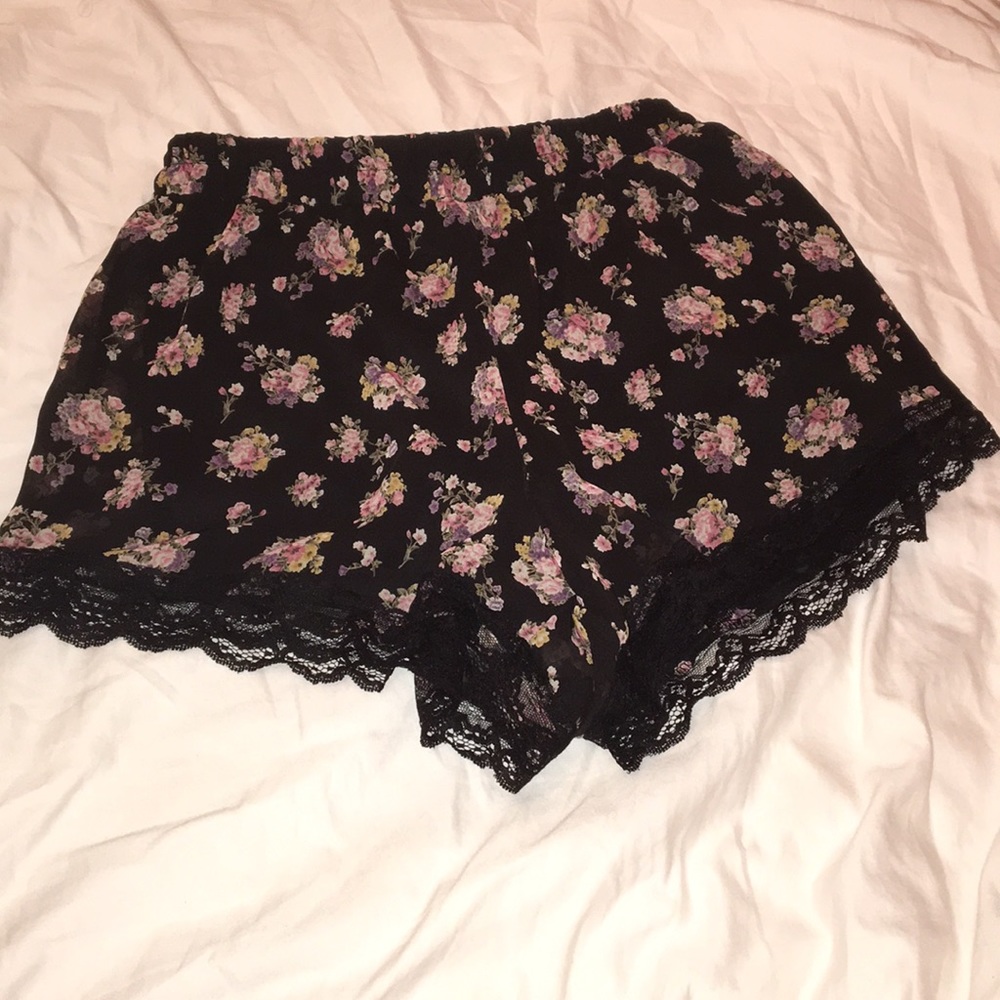 black floral print shorts with lace bottom