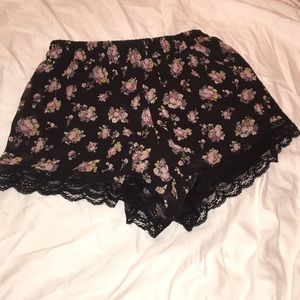 black floral print shorts with lace bottom