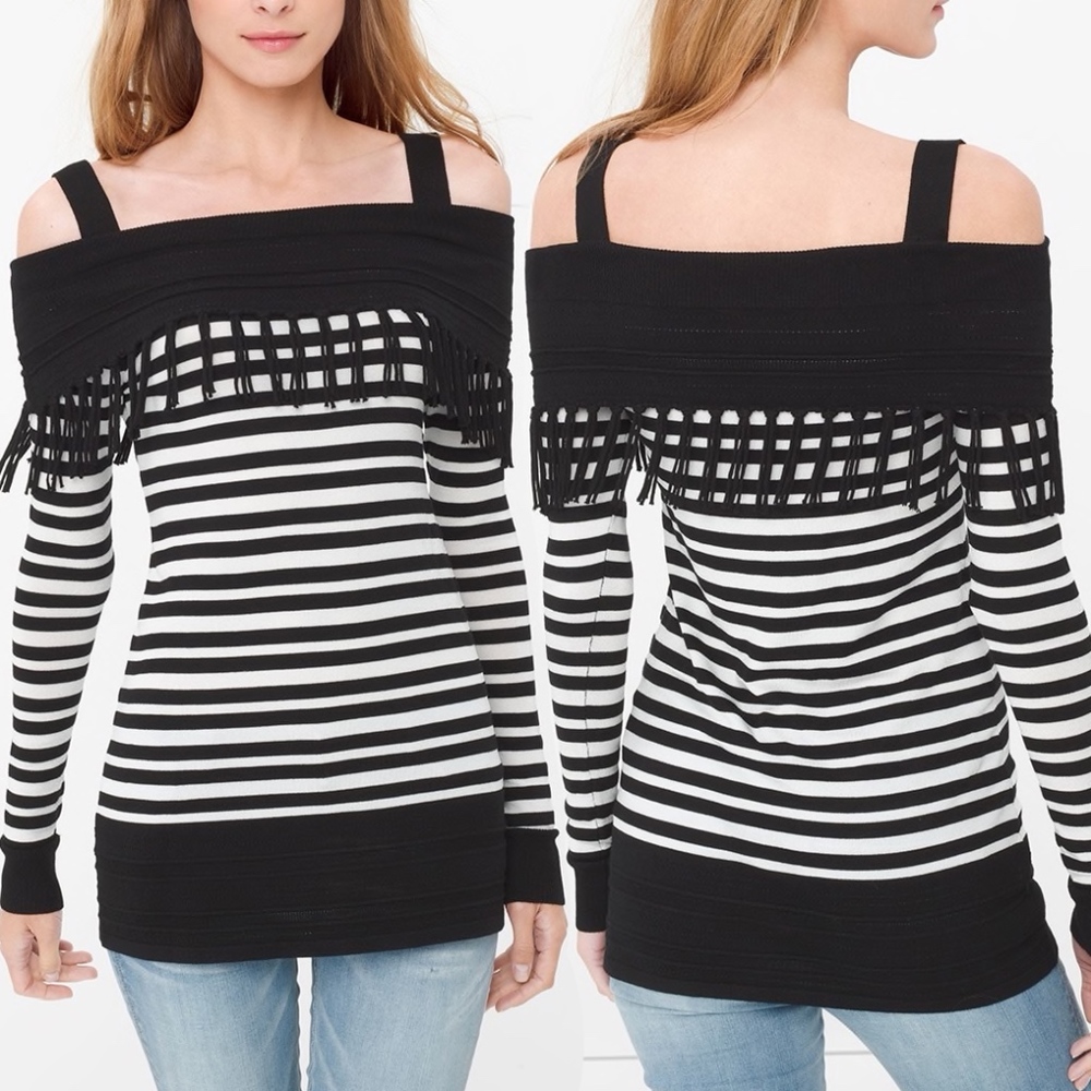 WHBM COLD-SHOULDER STRIPE FRINGE TUNIC SWEATER NWT