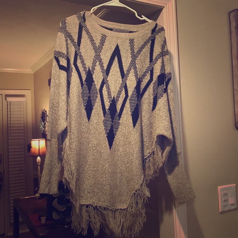 Black and beige/gray sweater poncho
