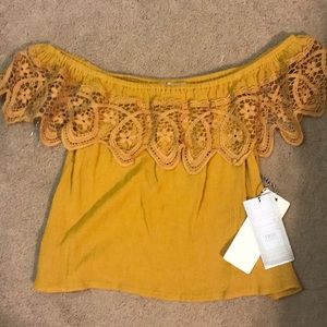 Off the Shoulder Mustard Crepe Lace Top