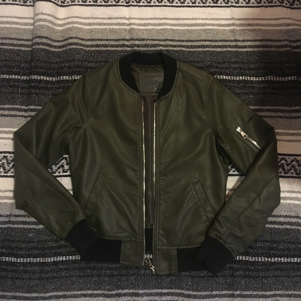 Olive Green Faux Leather Bomber Jacket