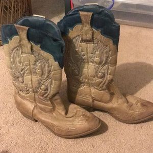 Teal and Tan Faux Leather Cowboy Boots