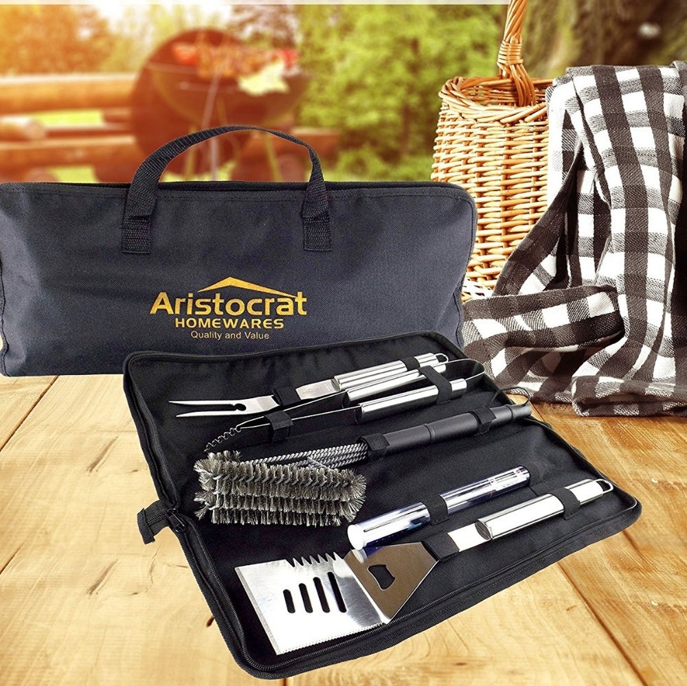 BBQ GRILL TOOL SET with GRILL BRUSH + MEAT THERMOM