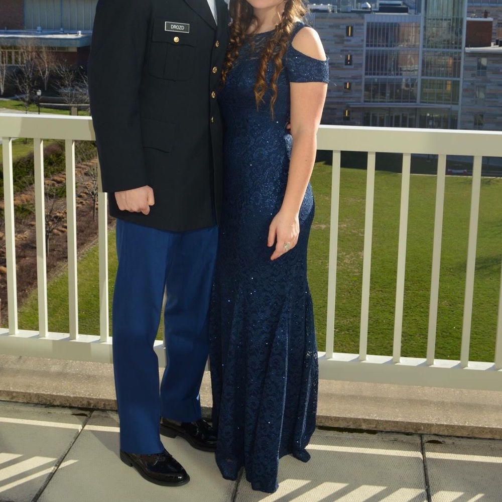 David’s Bridal Navy Cold Shoulder Gown