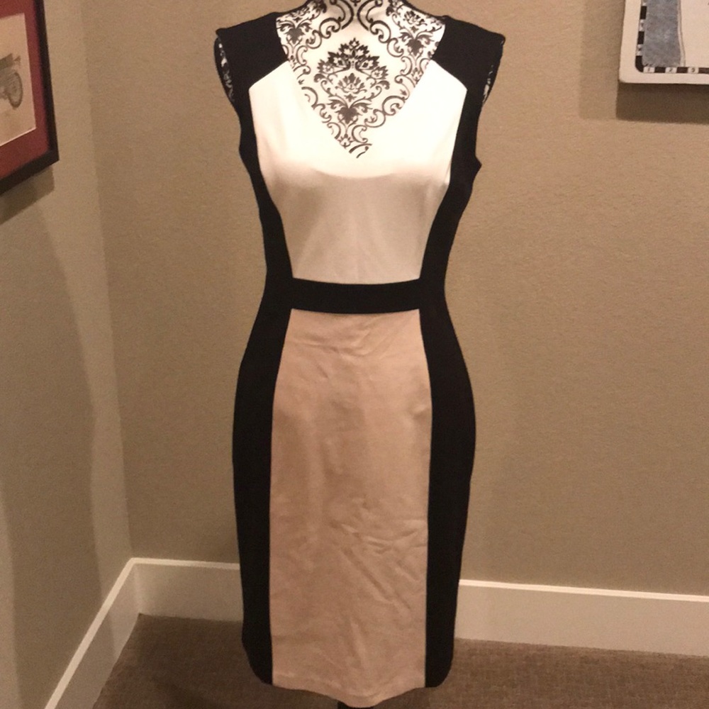 Gorgeous black, white and beige dress.