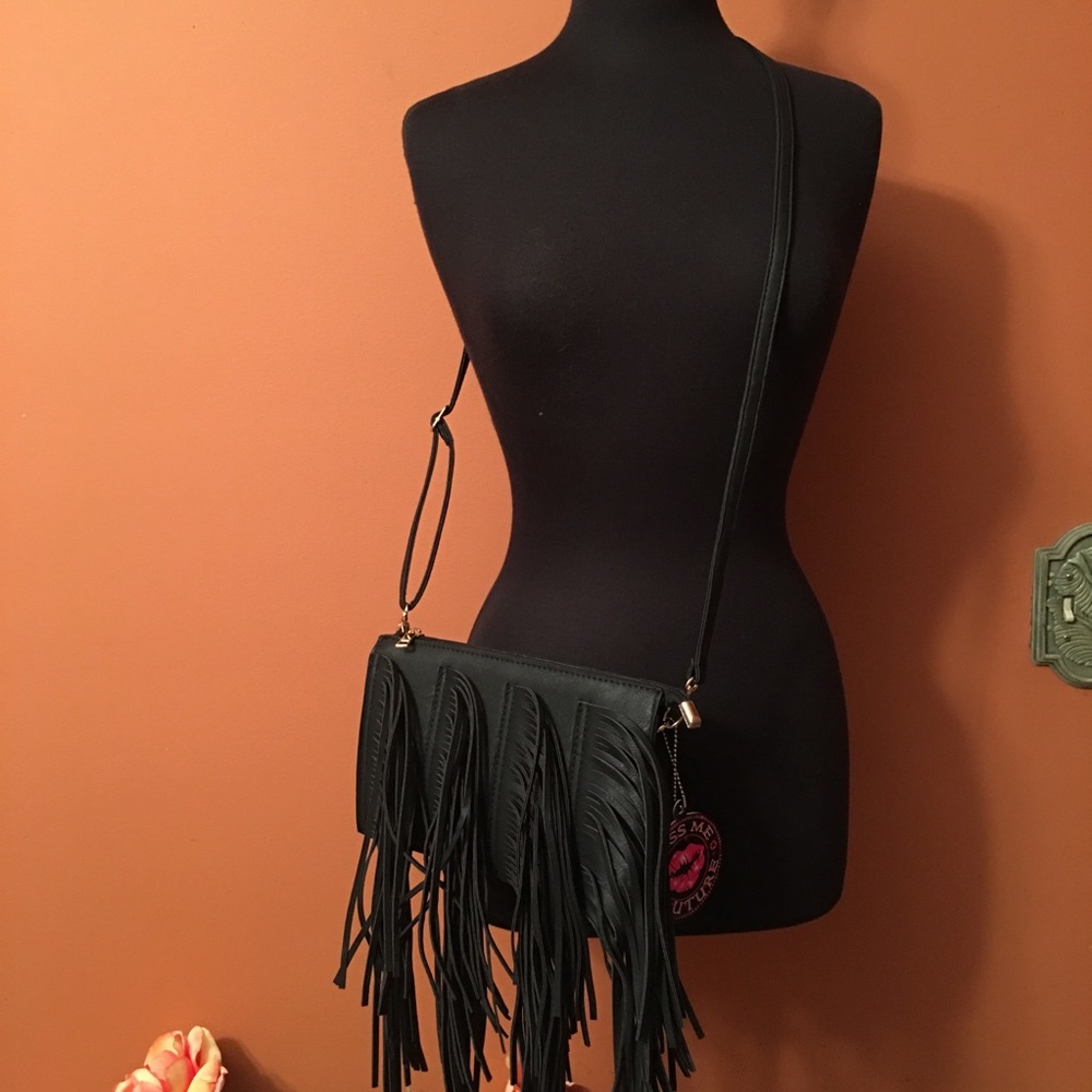 New Black Fringe Convertible Crossbody Clutch Bag