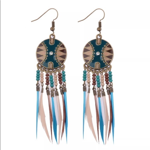 BOHO Multicolor feathers dangle earrings - Picture 4 of 6