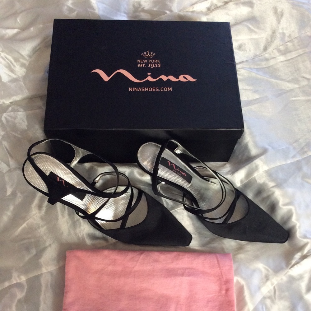 Nina Black Satin Slingback Pumps, Size 8